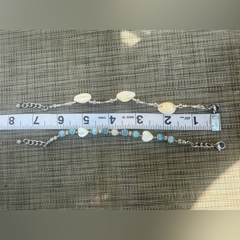 Amphitrite #4 Set of 2 Larimar & Crackle Quartz & Shell Stainless Steel Bracelet - Picture 2 of 2